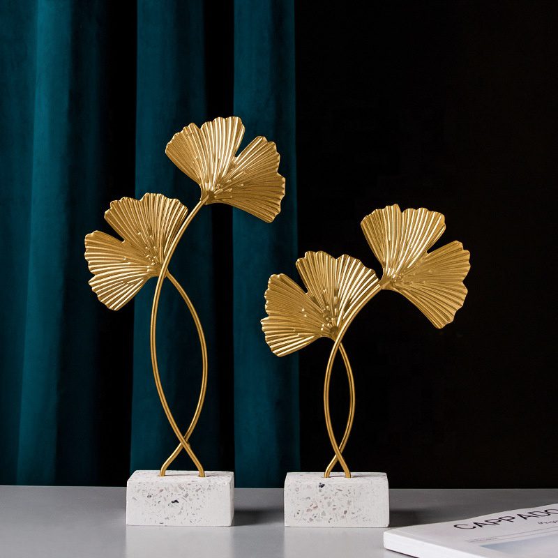 European style home decor luxury golden ginkgo leaf metal handicrafts decorations for home modern furnishings