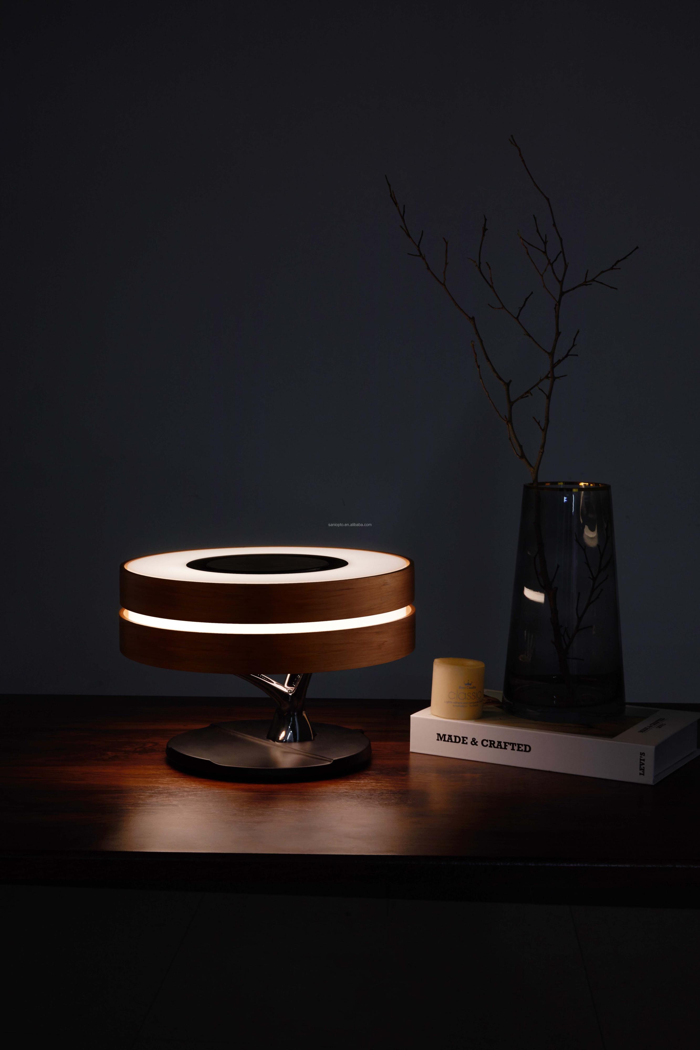 Amazon Dropshipping Trending Products 2023 New Arrival Wooden Smart LED Table Lamp with TWS Wireless Speaker Qi Wireless Charger